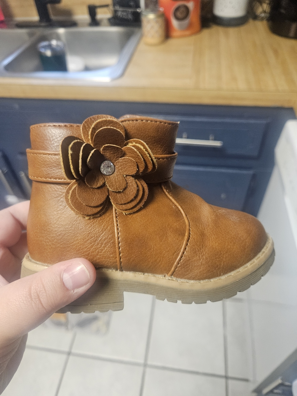 Toddler Floral Strap Ankle Boots in Cognac Brown